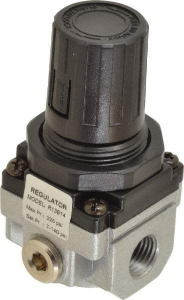 PRO-SOURCE - 1/4 NPT Port, 21 CFM, Aluminum Miniature Regulator - 7 to 145 psi Range, 220 Max psi Supply Pressure, 1/8" Gauge Port Thread, 1.56" Wide x 3.19" High - Exact Tool & Supply