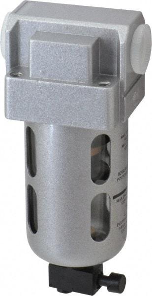 PRO-SOURCE - 3/8" Port, 5.51" High x 2.16" Wide, Intermediate FRL Filter with Polycarbonate Bowl & Manual Drain - 80 SCFM, 145 Max psi, 140°F Max, Modular Connection, Bowl Guard, 1.08 oz Bowl Capacity - Exact Tool & Supply
