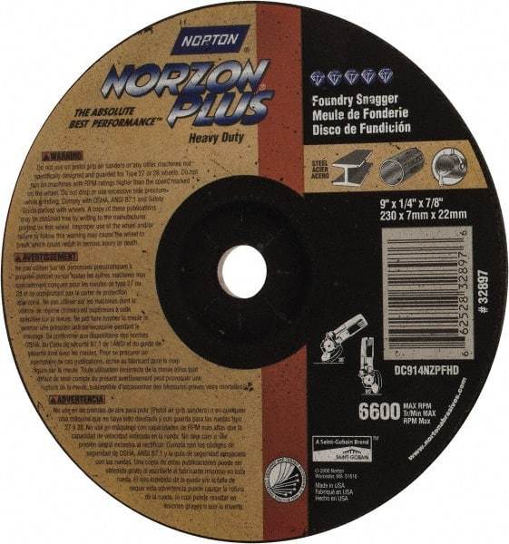 Norton - 9" Wheel Diam, 1/4" Wheel Thickness, 7/8" Arbor Hole, Depressed Center Wheel - Ceramic, Resinoid Bond, 6,600 Max RPM - Exact Tool & Supply