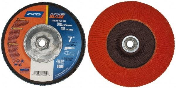 Norton - 80 Grit, 7" Disc Diam, 5/8-11 Center Hole, Type 27 Ceramic Flap Disc - Plastic Backing, Arbor Attaching System, Coated - Exact Tool & Supply