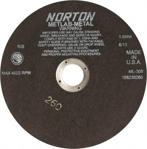 Norton - 9" Aluminum Oxide Cutoff Wheel - 0.063" Thick, 1-1/4" Arbor, 4,025 Max RPM, Use with Stationary Tools - Exact Tool & Supply