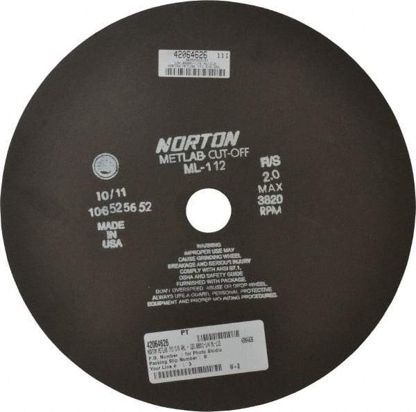 Norton - 12" Aluminum Oxide Cutoff Wheel - 0.078" Thick, 1-1/4" Arbor, 3,820 Max RPM, Use with Stationary Tools - Exact Tool & Supply