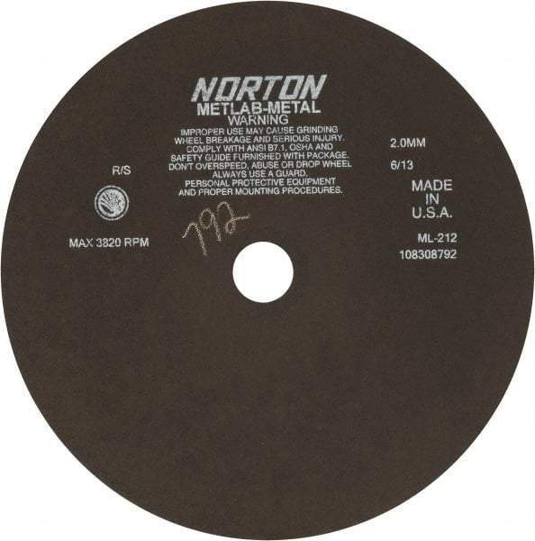 Norton - 12" Aluminum Oxide Cutoff Wheel - 0.078" Thick, 1-1/4" Arbor, 3,820 Max RPM, Use with Stationary Tools - Exact Tool & Supply