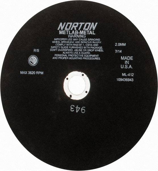 Norton - 12" Aluminum Oxide Cutoff Wheel - 0.078" Thick, 1-1/4" Arbor, 3,820 Max RPM, Use with Stationary Tools - Exact Tool & Supply
