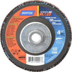 Norton - 80 Grit, 4-1/2" Disc Diam, 5/8-11 Center Hole, Type 27 Ceramic Flap Disc - Plastic Backing, Arbor Attaching System, Coated - Exact Tool & Supply
