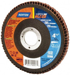 Norton - 60 Grit, 4-1/2" Disc Diam, 7/8" Center Hole, Type 27 Ceramic Flap Disc - Plastic Backing, Arbor Attaching System, Coated - Exact Tool & Supply