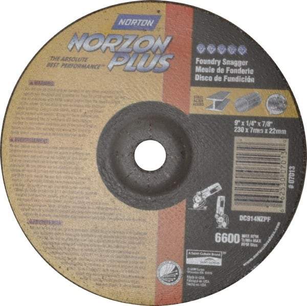 Norton - 9" Wheel Diam, 1/4" Wheel Thickness, 7/8" Arbor Hole, Depressed Center Wheel - Ceramic, Resinoid Bond, 6,600 Max RPM - Exact Tool & Supply