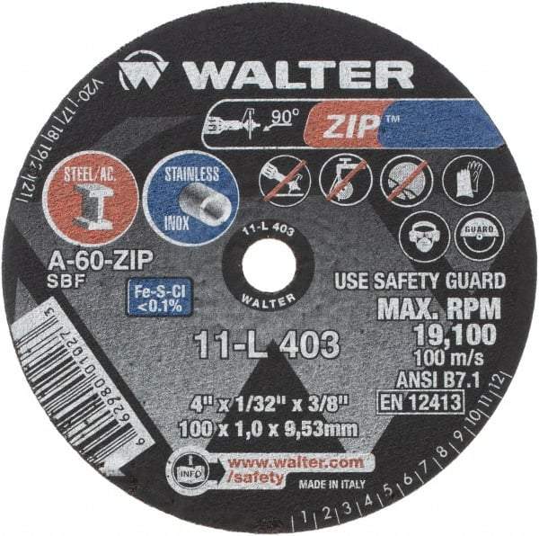 WALTER Surface Technologies - 4" 60 Grit Aluminum Oxide Cutoff Wheel - 1/32" Thick, 3/8" Arbor, 19,100 Max RPM, Use with Die Grinders - Exact Tool & Supply