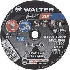 WALTER Surface Technologies - 4" 60 Grit Aluminum Oxide Cutoff Wheel - 1/32" Thick, 3/8" Arbor, 19,100 Max RPM, Use with Die Grinders - Exact Tool & Supply