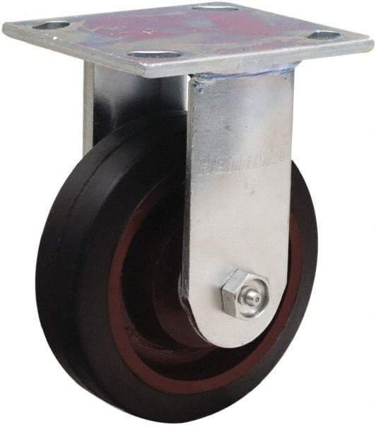 Hamilton - 5" Diam x 1-1/2" Wide x 6-1/8" OAH Top Plate Mount Rigid Caster - Rubber Mold on Cast Iron, 240 Lb Capacity, Straight Roller Bearing, 4 x 4-1/2" Plate - Exact Tool & Supply