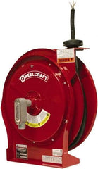 Reelcraft - 12 AWG, 50' Cable Length, Cord & Cable Reel with Flying Lead End - 0 Outlets, 16 Amps, 600 Volts, SEOOW Cable, Red Reel, Spring Driven Reel - Exact Tool & Supply