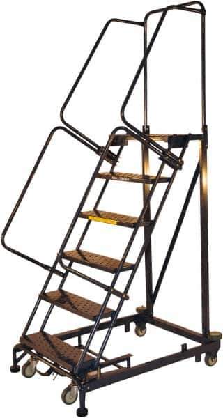 Ballymore - 93" 6 Step Ladder - Rolling Safety Ladder, 600 Lb Capacity, 60" Platform Height, 32" Base Width x 56" Base Depth, Serrated - Exact Tool & Supply