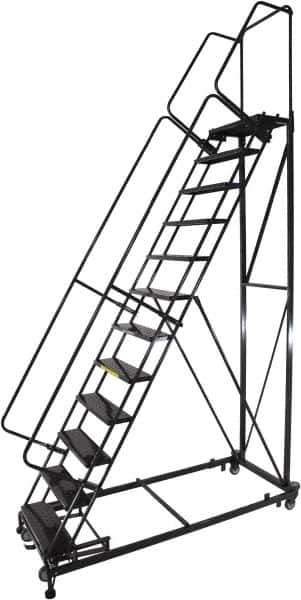 Ballymore - 173" 14 Step Ladder - Rolling Safety Ladder, 600 Lb Capacity, 140" Platform Height, 32" Base Width x 107" Base Depth, Expanded Metal Tread - Exact Tool & Supply