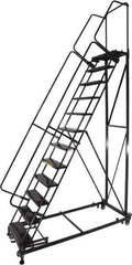 Ballymore - 173" 14 Step Ladder - Rolling Safety Ladder, 600 Lb Capacity, 140" Platform Height, 32" Base Width x 107" Base Depth, Expanded Metal Tread - Exact Tool & Supply