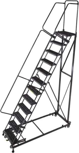 Ballymore - 153" 12 Step Ladder - Rolling Safety Ladder, 600 Lb Capacity, 120" Platform Height, 32" Base Width x 94" Base Depth, Serrated - Exact Tool & Supply
