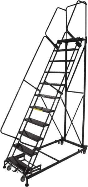 Ballymore - 143" 11 Step Ladder - Rolling Safety Ladder, 600 Lb Capacity, 110" Platform Height, 32" Base Width x 87" Base Depth, Expanded Metal Tread - Exact Tool & Supply