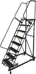 Ballymore - 113" 8 Step Ladder - Rolling Safety Ladder, 600 Lb Capacity, 80" Platform Height, 32" Base Width x 68" Base Depth, Serrated - Exact Tool & Supply