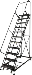 Ballymore - 133" 10 Step Ladder - Rolling Safety Ladder, 600 Lb Capacity, 100" Platform Height, 32" Base Width x 81" Base Depth, Perforated Tread - Exact Tool & Supply