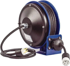 CoxReels - 12 AWG, 30' Cable Length, Cord & Cable Reel with Outlet End - 1 Outlet, NEMA 5-20R, 20 Amps, 115 Volts, SJO Cable, Blue Reel, Spring Driven Reel - Exact Tool & Supply