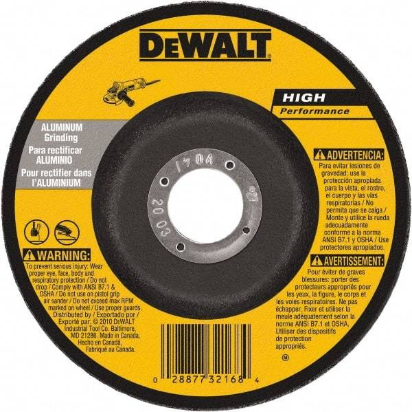 DeWALT - 30 Grit, 5" Wheel Diam, 1/4" Wheel Thickness, 7/8" Arbor Hole, Type 27 Depressed Center Wheel - Aluminum Oxide, 12,200 Max RPM, Compatible with Angle Grinder - Exact Tool & Supply