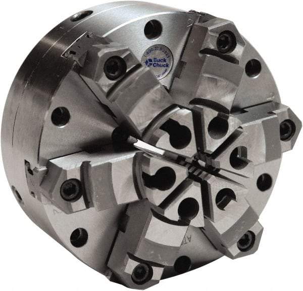 Buck Chuck Company - 6 Jaws, 12" Diam, Self Centering Manual Lathe Chuck - Plain Back Mount Spindle, Adjustable, Reversible, 1,100 Max RPM, 4-1/16" Through Hole Diam, Cast Iron - Exact Tool & Supply