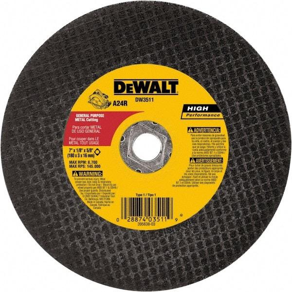 DeWALT - 7" 24 Grit Aluminum Oxide Cutoff Wheel - 1/8" Thick, 5/8" Arbor, 8,700 Max RPM, Use with Angle Grinders - Exact Tool & Supply