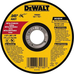 DeWALT - 4-1/2" 60 Grit Aluminum Oxide Cutoff Wheel - 0.045" Thick, 7/8" Arbor, 13,300 Max RPM, Use with Angle Grinders - Exact Tool & Supply