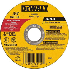 DeWALT - 4" 60 Grit Aluminum Oxide Cutoff Wheel - 0.045" Thick, 5/8" Arbor, 15,200 Max RPM, Use with Angle Grinders - Exact Tool & Supply