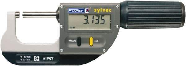 Fowler - 0 to 1.2" Range, 0.00005" Resolution, Standard Throat IP67 Electronic Outside Micrometer - 0.00012" Accuracy, Ratchet Stop Thimble, Carbide-Tipped Face, CR2032 Battery - Exact Tool & Supply