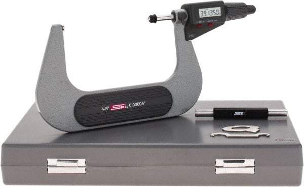 SPI - 4 to 5" Range, 0.00005" Resolution, Standard Throat IP54 Electronic Outside Micrometer - 0.00024" Accuracy, Friction Thimble, Carbide-Tipped Face, LR44 Battery, Includes NIST Traceable Certification of Inspection - Exact Tool & Supply