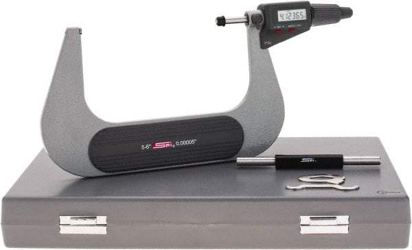 SPI - 5 to 6" Range, 0.00005" Resolution, Standard Throat IP54 Electronic Outside Micrometer - 0.00024" Accuracy, Friction Thimble, Carbide-Tipped Face, LR44 Battery, Includes NIST Traceable Certification of Inspection - Exact Tool & Supply
