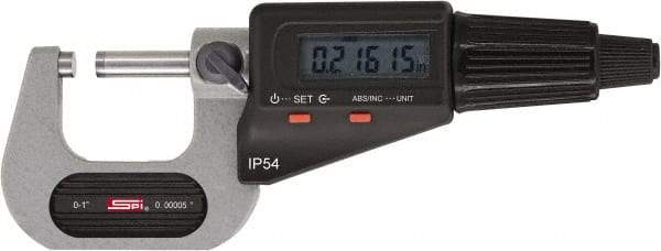 SPI - 7 to 8" Range, 0.00005" Resolution, Standard Throat IP54 Electronic Outside Micrometer - 0.00028" Accuracy, Friction Thimble, Carbide-Tipped Face, LR44 Battery, Includes NIST Traceable Certification of Inspection - Exact Tool & Supply