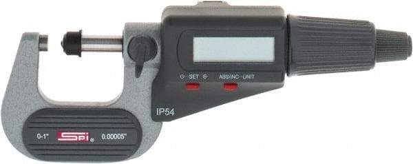 SPI - 0 to 1" Range, 0.00005" Resolution, Standard Throat IP54 Electronic Outside Micrometer - 0.00016" Accuracy, Friction Thimble, Carbide-Tipped Face, LR44 Battery, Includes NIST Traceable Certification of Inspection - Exact Tool & Supply