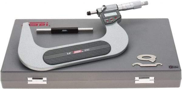 SPI - 5 to 6" Range, 0.00005" Resolution, Standard Throat IP65 Electronic Outside Micrometer - 0.0002" Accuracy, Ratchet Stop Thimble, Carbide-Tipped Face, LR44 Battery, Includes NIST Traceable Certification of Inspection - Exact Tool & Supply