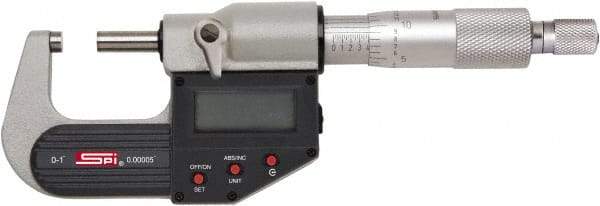 SPI - 4 to 5" Range, 0.00005" Resolution, Standard Throat IP65 Electronic Outside Micrometer - 0.0002" Accuracy, Ratchet Stop Thimble, Carbide-Tipped Face, LR44 Battery, Includes NIST Traceable Certification of Inspection - Exact Tool & Supply