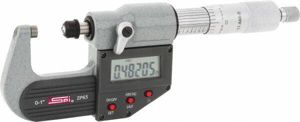 SPI - 0 to 1" Range, 0.00005" Resolution, Standard Throat IP65 Electronic Outside Micrometer - 0.0001" Accuracy, Ratchet Stop Thimble, Carbide-Tipped Face, LR44 Battery, Includes NIST Traceable Certification of Inspection - Exact Tool & Supply
