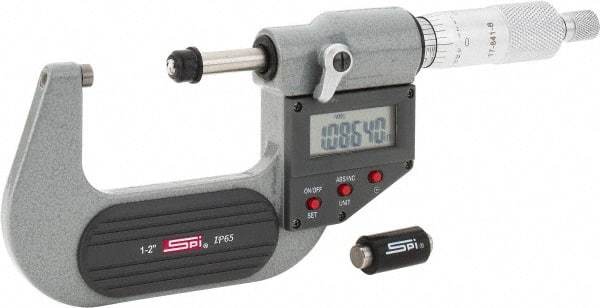 SPI - 1 to 2" Range, 0.00005" Resolution, Standard Throat IP65 Electronic Outside Micrometer - 0.0001" Accuracy, Ratchet Stop Thimble, Carbide-Tipped Face, LR44 Battery, Includes NIST Traceable Certification of Inspection - Exact Tool & Supply