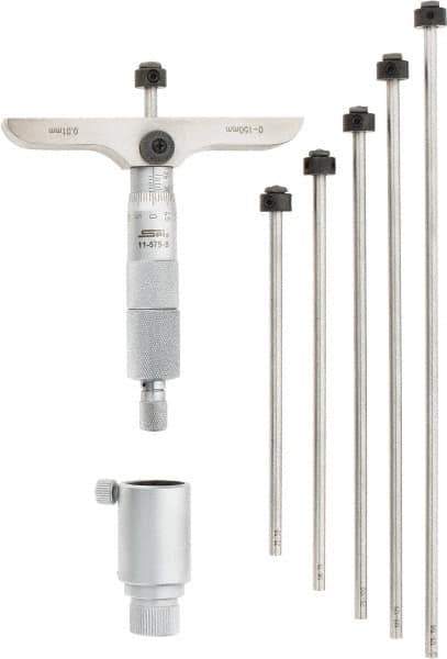 SPI - 0 to 150mm Range, 6 Rod, Mechanical Depth Micrometer - Ratchet Stop Thimble, 100mm Base Length, 0.01mm Graduation, 4.5mm Rod Diam - Exact Tool & Supply