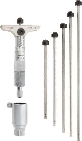 SPI - 0 to 150mm Range, 6 Rod, Mechanical Depth Micrometer - Ratchet Stop Thimble, 63mm Base Length, 0.01mm Graduation, 4.5mm Rod Diam - Exact Tool & Supply