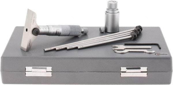 SPI - 0 to 100mm Range, 4 Rod, Mechanical Depth Micrometer - Ratchet Stop Thimble, 63mm Base Length, 0.01mm Graduation, 4.5mm Rod Diam - Exact Tool & Supply