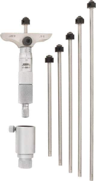 SPI - 0 to 6" Range, 6 Rod, Mechanical Depth Micrometer - Ratchet Stop Thimble, 2-1/2" Base Length, 0.001" Graduation, 4.5mm Rod Diam - Exact Tool & Supply