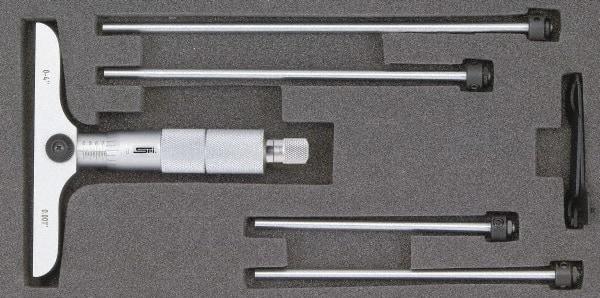 SPI - 0 to 12" Range, 12 Rod, Mechanical Depth Micrometer - Ratchet Stop Thimble, 4" Base Length, 0.001" Graduation, 4.5mm Rod Diam - Exact Tool & Supply