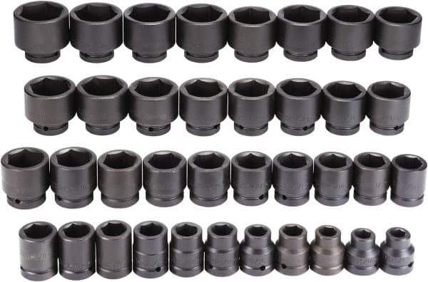 Proto - 37 Piece 1" Drive Black Finish Impact Socket Set - 6 Points, 3/4" to 3" Range, Inch Measurement Standard - Exact Tool & Supply
