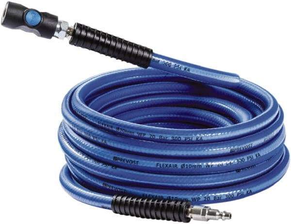 Prevost - 3/8" ID 50' Long Multipurpose Air Hose - Industrial Interchange Safety Coupler x Male Plug Ends, 300 Working psi, 5 to 140°F, 1/4" Fitting, Blue - Exact Tool & Supply