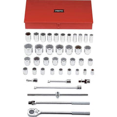 Proto - 42 Piece 3/4" Drive Chrome Finish Deep Well Socket Set - 6, 12 Points, 7/8" to 2-3/8" Range, Inch Measurement Standard - Exact Tool & Supply