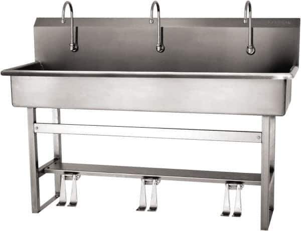 SANI-LAV - 57" Long x 16-1/2" Wide Inside, 1 Compartment, Grade 304 Stainless Steel (4) Person Wash-Station with Double Foot Valves - 16 Gauge, 60" Long x 20" Wide x 45" High Outside, 8" Deep - Exact Tool & Supply