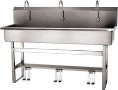 SANI-LAV - 57" Long x 16-1/2" Wide Inside, 1 Compartment, Grade 304 Stainless Steel (4) Person Wash-Station with Double Foot Valves - 16 Gauge, 60" Long x 20" Wide x 45" High Outside, 8" Deep - Exact Tool & Supply