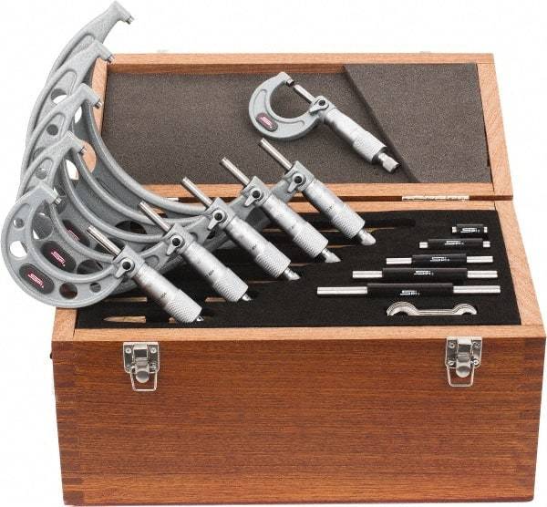 SPI - 0 to 150mm Range, 6 Piece Mechanical Outside Micrometer Set - 0.01mm Graduation, 0.004, 0.005, 0.006mm Accuracy, Ratchet Stop Thimble - Exact Tool & Supply