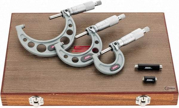 SPI - 0 to 3" Range, 3 Piece Mechanical Outside Micrometer Set - 0.0001" Graduation, 0.0001, 0.0002" Accuracy, Ratchet Stop Thimble - Exact Tool & Supply