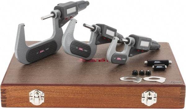 SPI - 0 to 3" Range, 0.001mm Resolution, IP54, 3 Piece Electronic Outside Micrometer Sets - 0.002, 0.003mm Accuracy, Friction Thimble, Carbide Tipped Measuring Face - Exact Tool & Supply